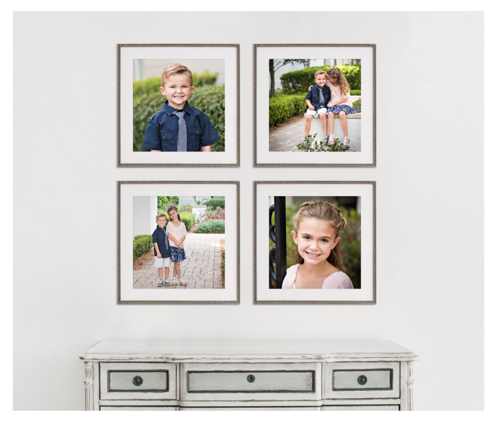 Wall gallery featuring 4 square framed portraits