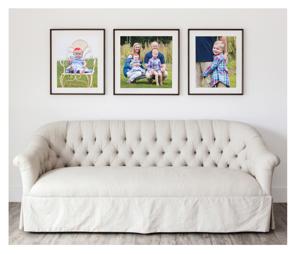 Wall gallery of three framed images above couch